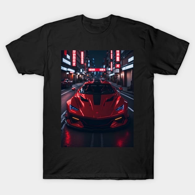 Dark Red Sports Car in Japanese Neon City T-Shirt by star trek fanart and more